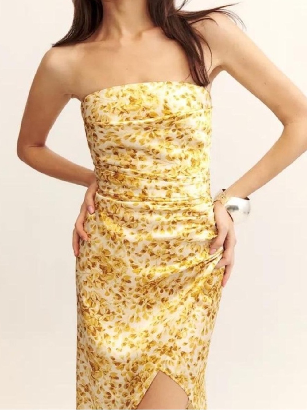 Reformation Strapless Yellow Floral Midi Dress